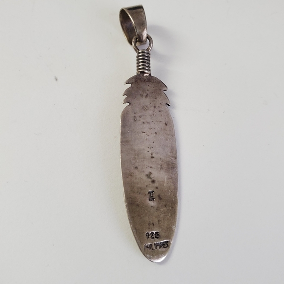 Sterling Silver 925 Turquoise Native American Style Feather Pendant - Picture 2 of 6